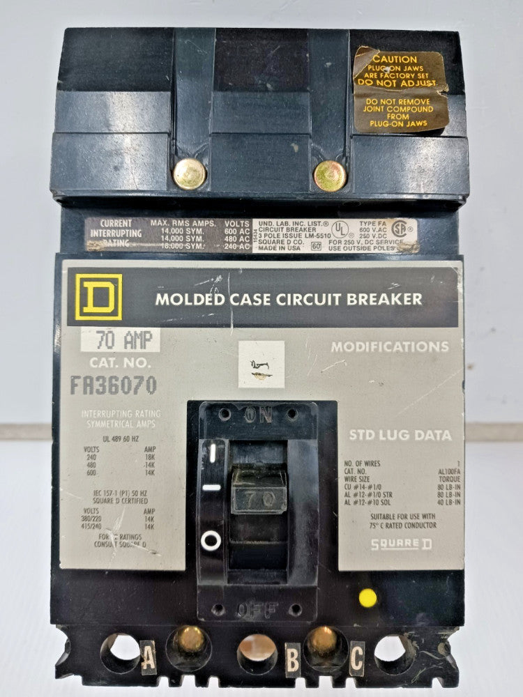 Square D 70 Amp I-Line Molded Case Circuit Breaker 3P 600 VAC FA36070 *Chipped*