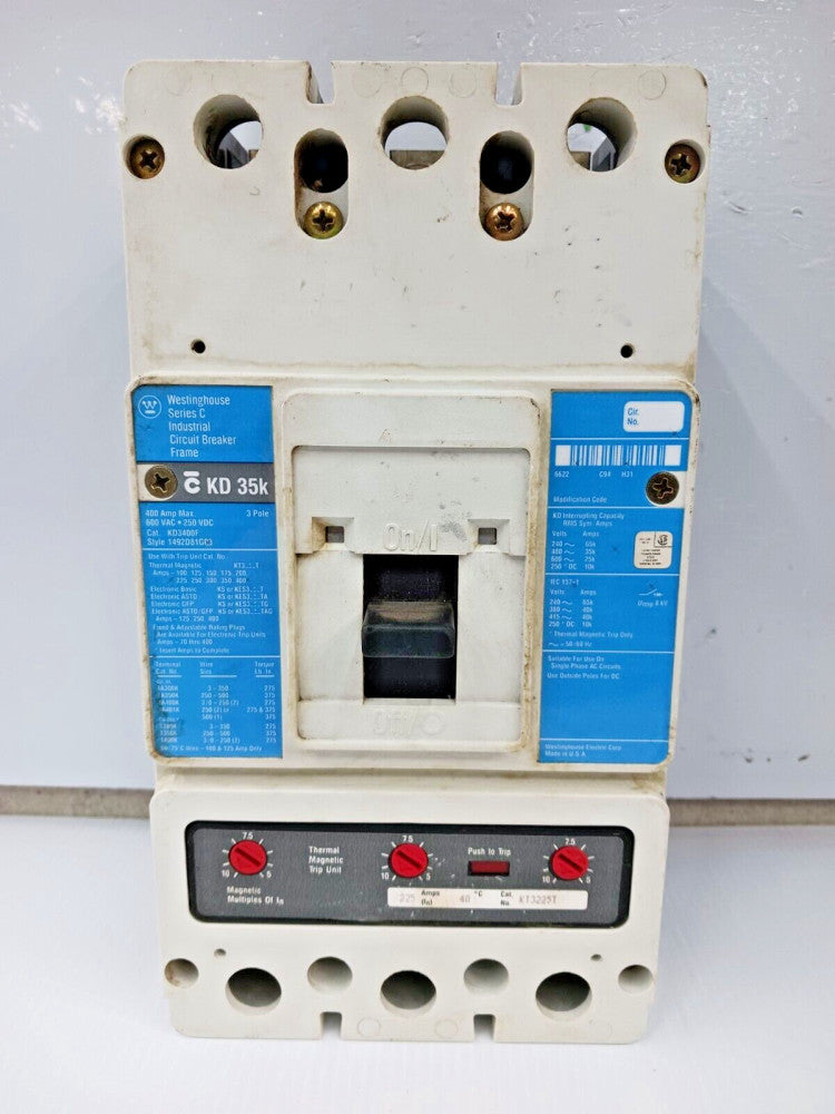 WESTINGHOUSE 400 AMP CIRCUIT BREAKER 3 POLE 600 VAC 35kA KD3400F W/ 225 AMP TRIP
