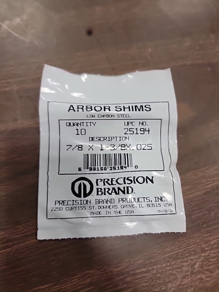 Precision Brand Arbor Shims 25194 7/8x1-3/8x.025 Low Carbon Steel, Pack Of 10