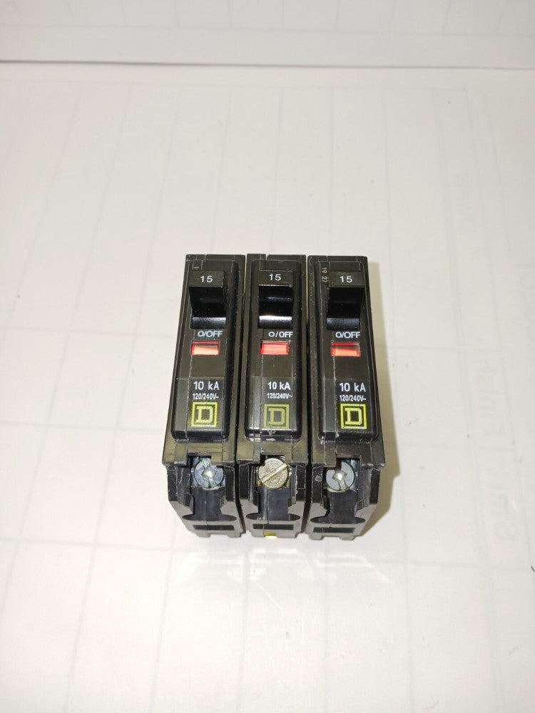 LOT OF 3) SQUARE D 15 AMP CIRCUIT BREAKER 120/240 VAC 10 KA QO115
