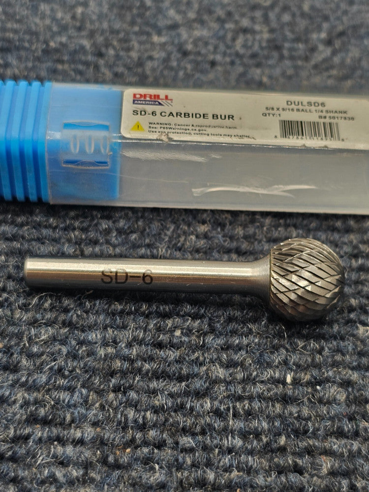 Drill America DULSD6 5/8" X 9/16" SD-6 Ball End Carbide Bur 1/4 Shank