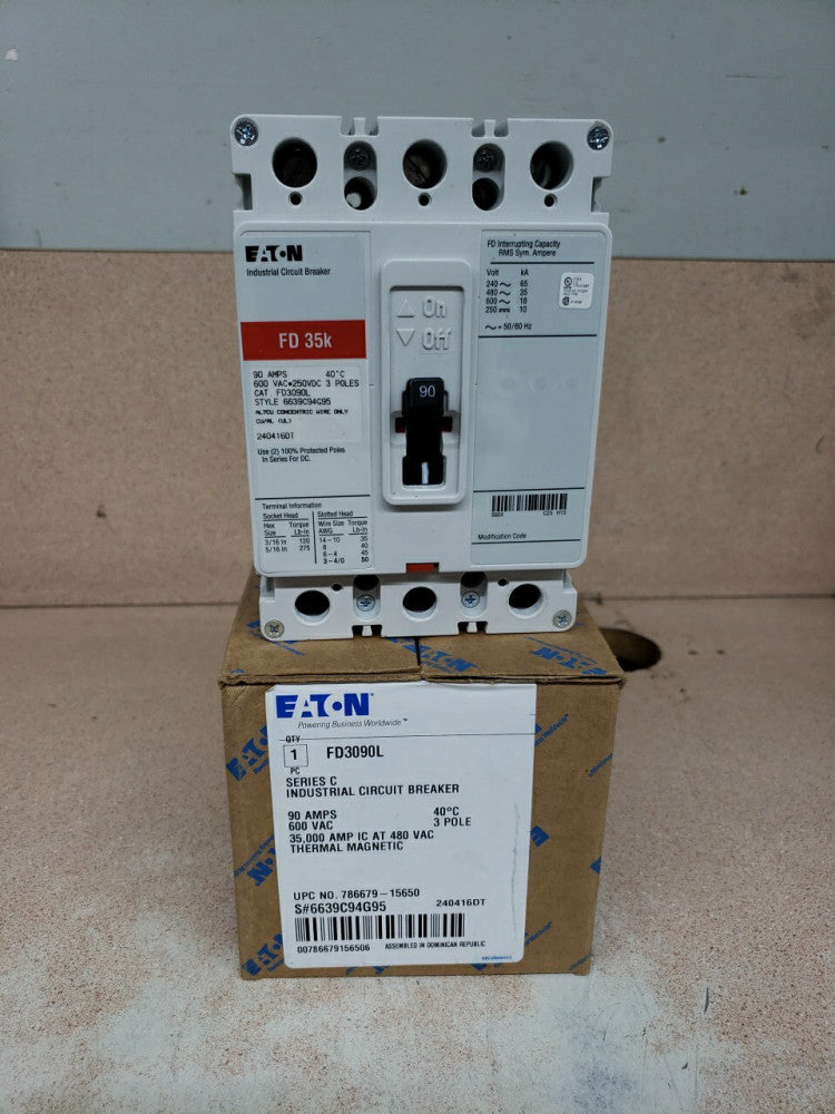 Eaton FD3090L 3 Pole 90 Amp 600 Vac Circuit Breaker New !