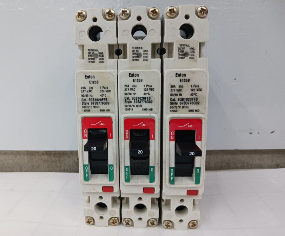Lot Of Three) New Eaton 20 Amp Circuit Breaker 1 Pole 277 VAC EGB1020FFB