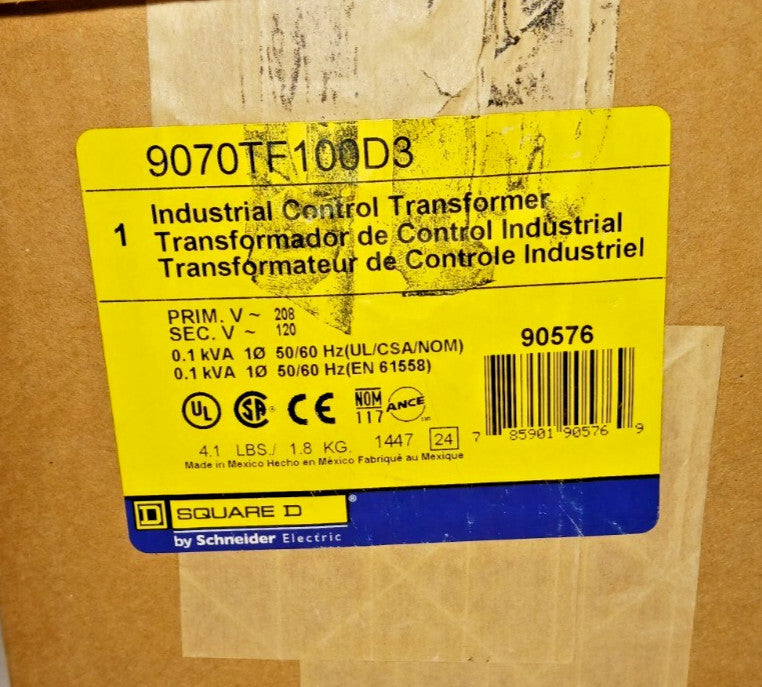 NEW SQUARE D INDUSTRIAL CONTROL TRANSFORMER PRI 208 / SEC 120 VAC  9070TF100D3