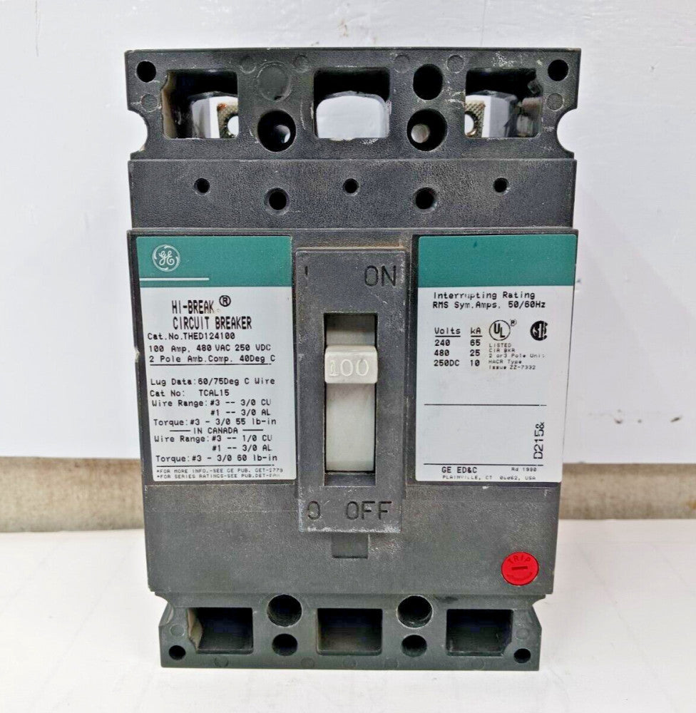 GE 100 AMP CIRCUIT BREAKER 2 POLE 480 VAC THED124100