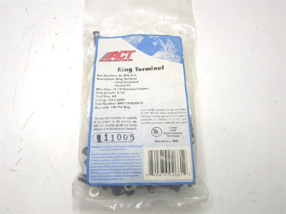 ACT (AL-R4B-8-C) 16-14 AWG Blue Vinyl Ring Terminal - Pack of 100 