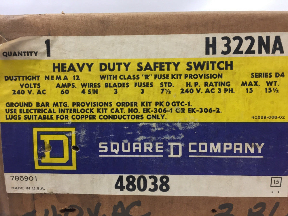 SQUARE D H322NA HEAVY DUTY SAFETY SWITCH 240 VAC 60 AMPS 4 S/N WIRES 3 FUSES 