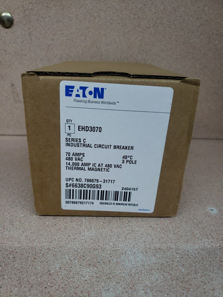 1) Eaton/Cutler Hammer EHD3070 3 Pole 70 Amp 480 Vac Circuit Breaker
