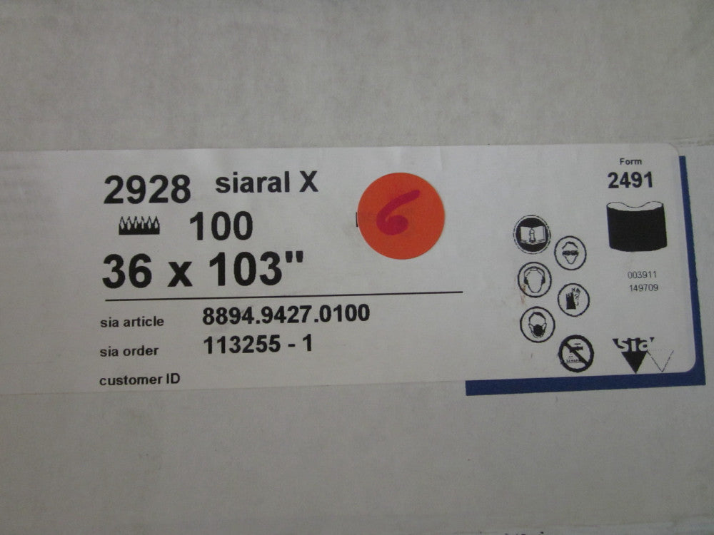 (Lot of 5) Blue Line Sia Abrasives 2928 36x103" 100 grit # 8894.9427.0100 (NEW)