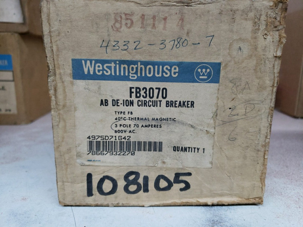 NOS Westinghouse FB3070 600V 70 Amp 3 Pole Circuit Breaker