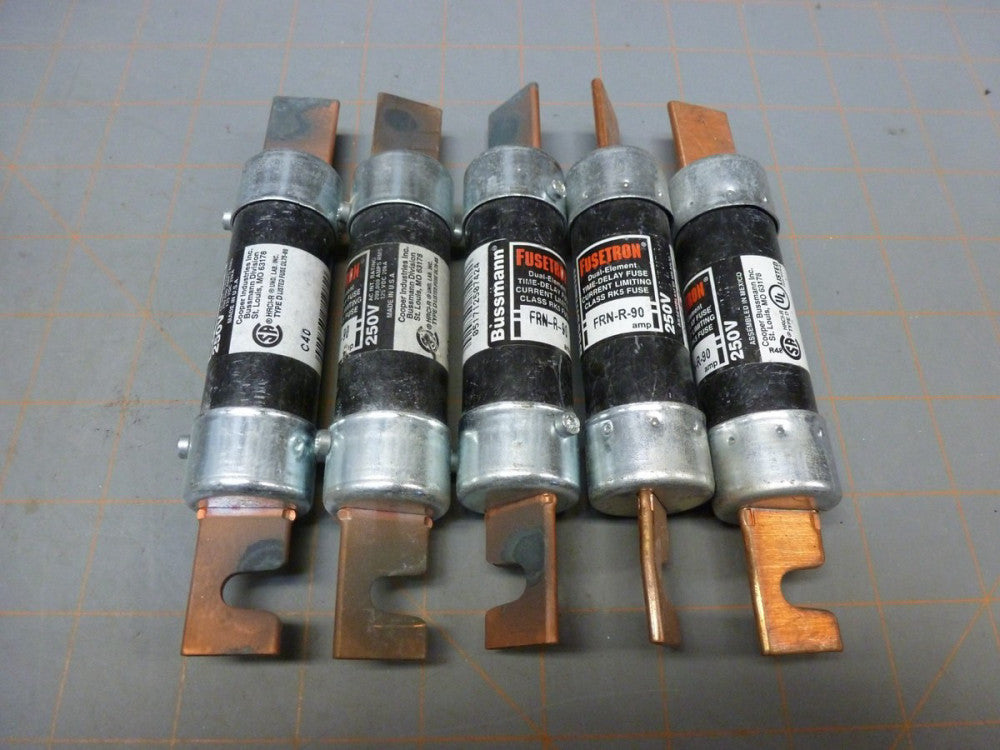 Lot of 5 New/Used Bussmann Fusetron FRN-R-90 Fuse 250VAC, 90 Amp