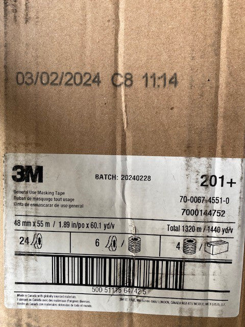 3M General Use Masking Tape 201+ Tan, 48 mm x 55 m 4.4 mil, 24 per (Case of 24)