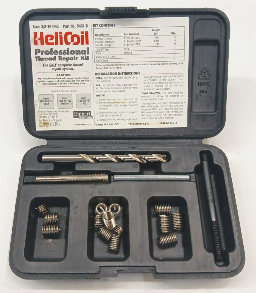 HELI COIL THREAD REPAIR KIT TANDED TANG STYLE FREE RUNNING 3/8"-16 THREAD SIZE