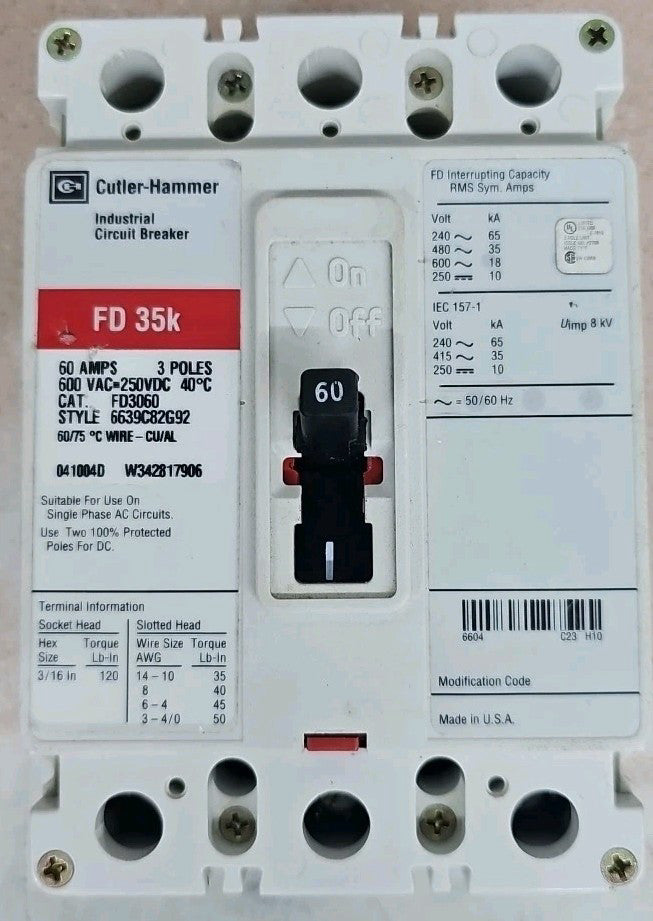 CUTLER-HAMMER FD3060 FD 3 POLE 60 AMP 480v 25KAIC CIRCUIT BREAKER NTO