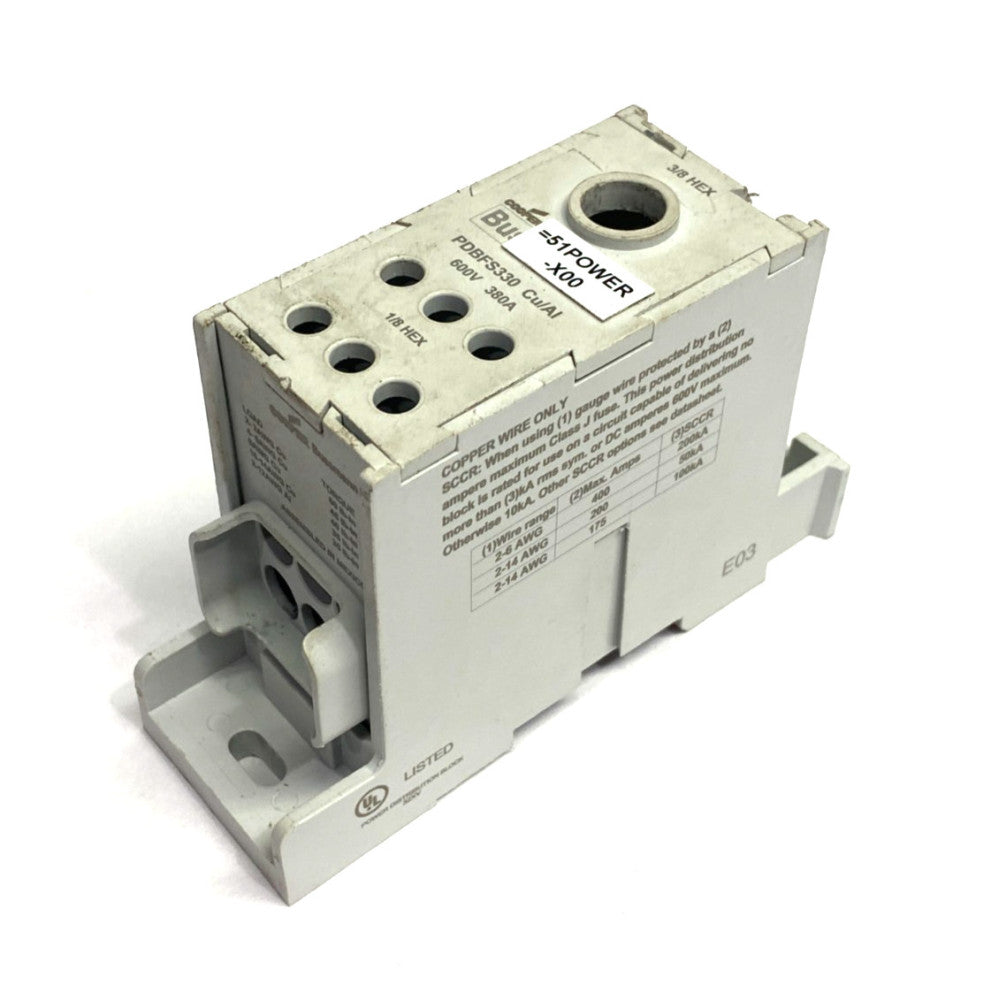 Cooper Bussmann PDBFS330 Power Distribution Block 600V 380A NO TOP TERMINAL LUG