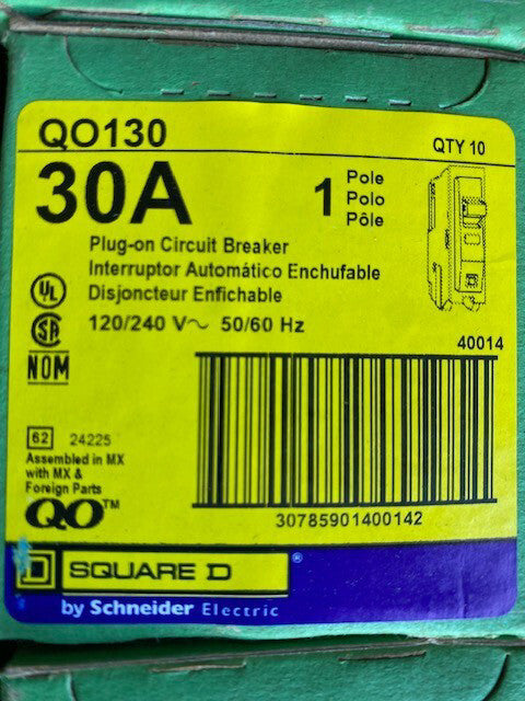 (10 PACK) Circuit Breakers Square D QO130 30 Amp 1 Pole 120/240V Plug-In