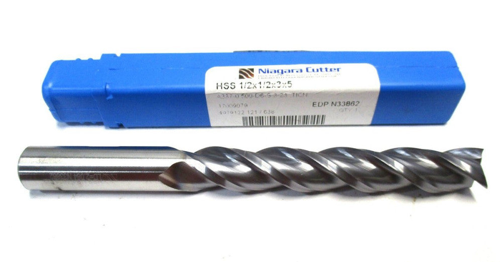 Niagara Cutter (N33862) 1/2 x 1/2 x 3 x 5 3-Flute CC SE RH HSS Square End Mill