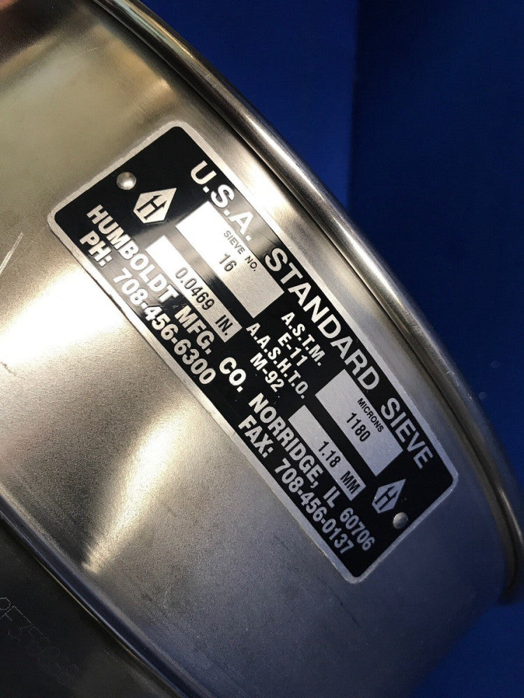 HUMBOLDT No. 16 USA Standard Testing Sieve, STAINLESS STEEL 12"Dia x 3-1/4"Deep