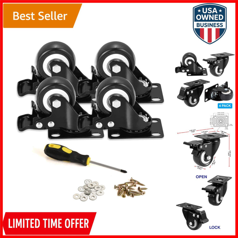 2 Inch Polyurethane Heavy Duty Caster Wheels with Brakes Swivel Pack of 4