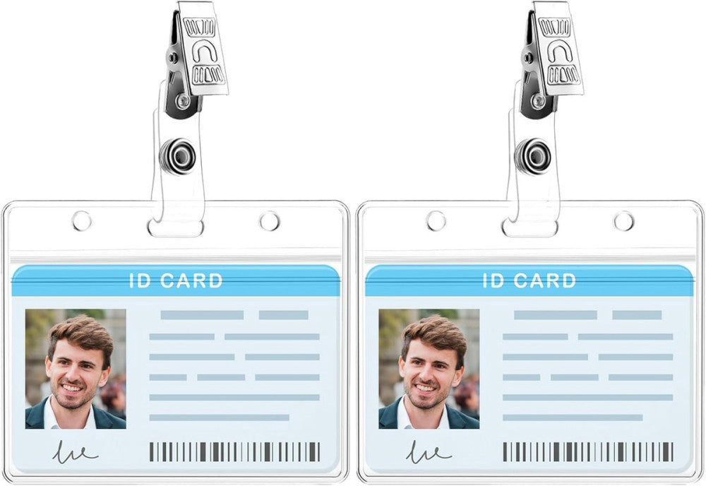 ID Badge Holder with Metal Clips, 2 Pack Soft Plastic Badge Card Sleeves Waterpr