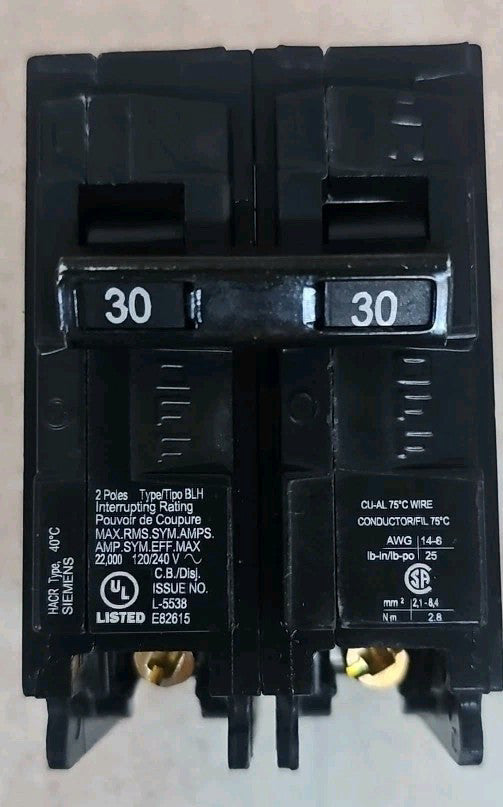 Siemens B230H 30 Amp 2 Pole 120/240V 22KA Bolt On BLH Circuit Breaker NEW