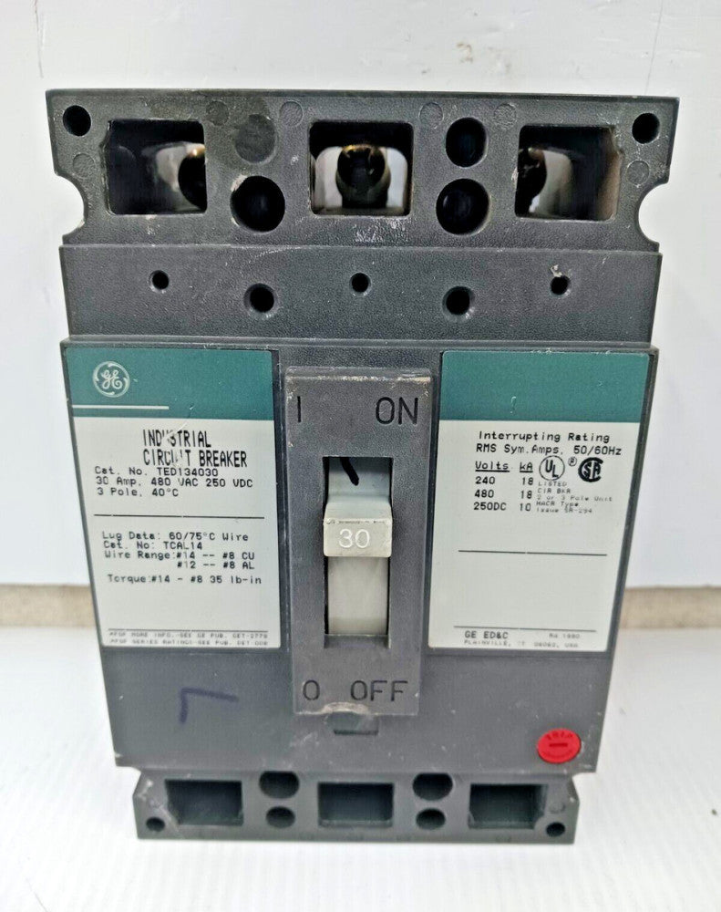 GE 30 AMP CIRCUIT BREAKER 480 VAC / 250 VDC 3 POLE TED134030