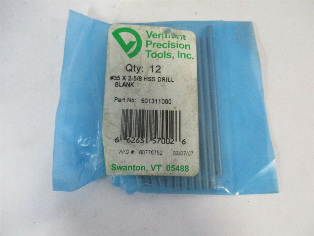 Vermont Gage (501311000) 0.1100 x 2-5/8" OAL HSS #35 Jobber Drill Blank - Qty 12