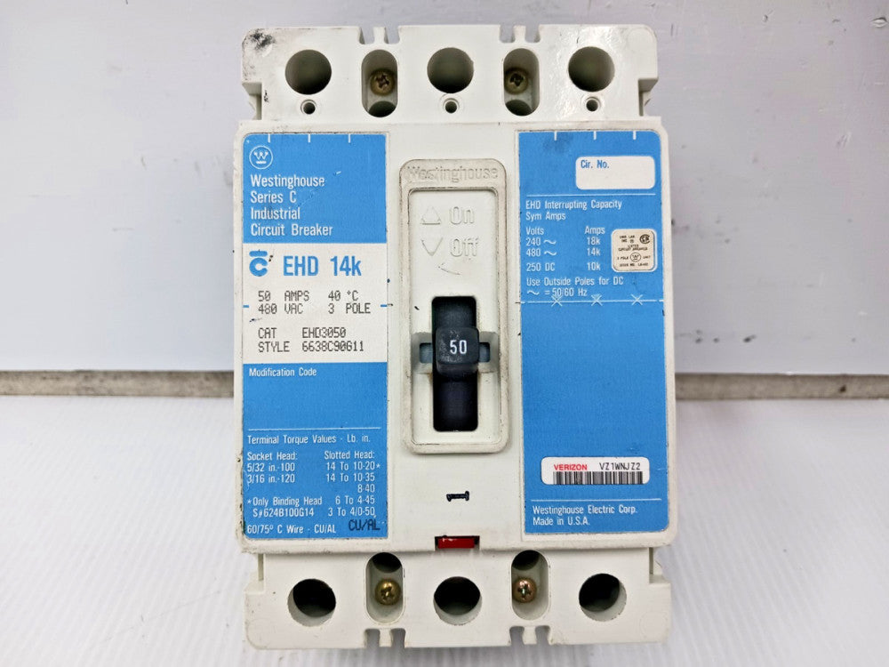 Westinghouse 50 Amp Circuit Breaker 3 Pole 480 VAC / 250 VDC 14kA EHD3050