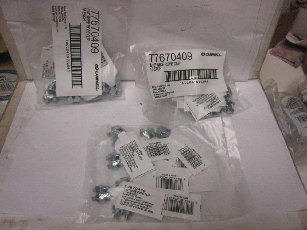 3 packs of 10 Campbell T7670409 Iron Electro-Galvanized Wire Rope Clip 1/16 in