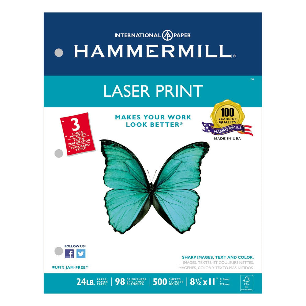Hammermill 107681 Laser Print Office Paper, 3-Hole Punch, 98 Brightness, 24lb, L