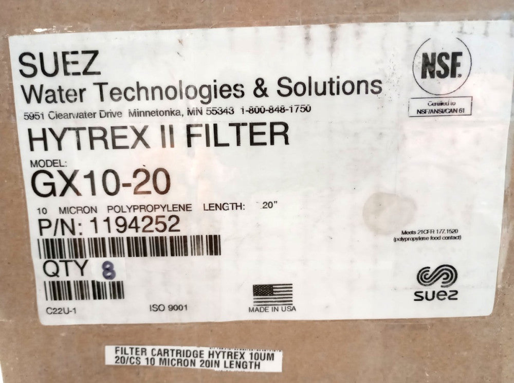 SUEZ 1194252-8 Hytrex II 10 Micron Filter Cartridge 20" GX10-20 (Box Of 8)
