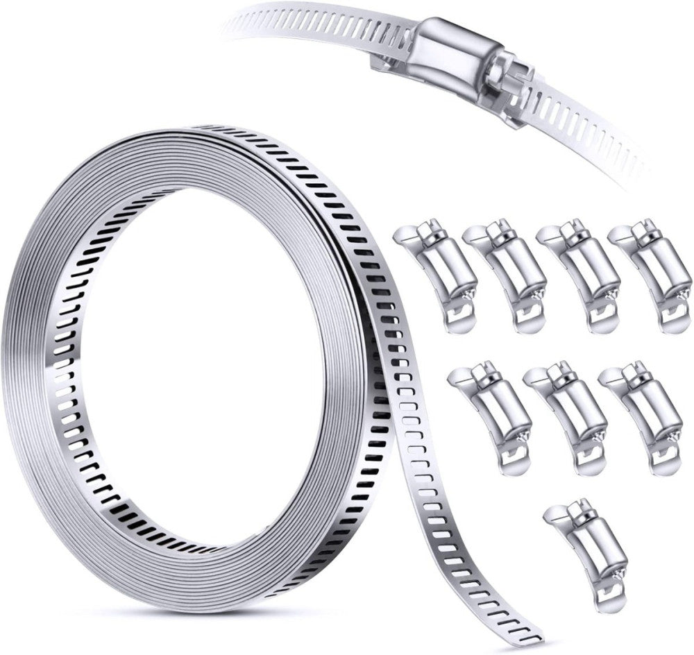 304 Stainless Steel Hose Clamp Assortment 12 FT Strap+8 Fasteners, Metallic 