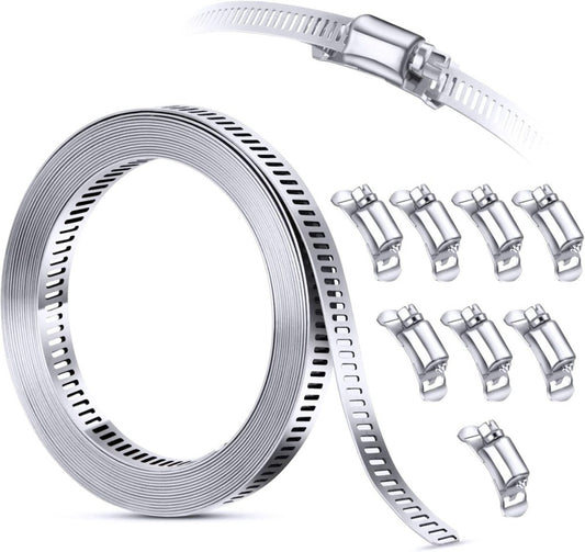 304 Stainless Steel Hose Clamp Assortment 12 FT Strap+8 Fasteners, Metallic 