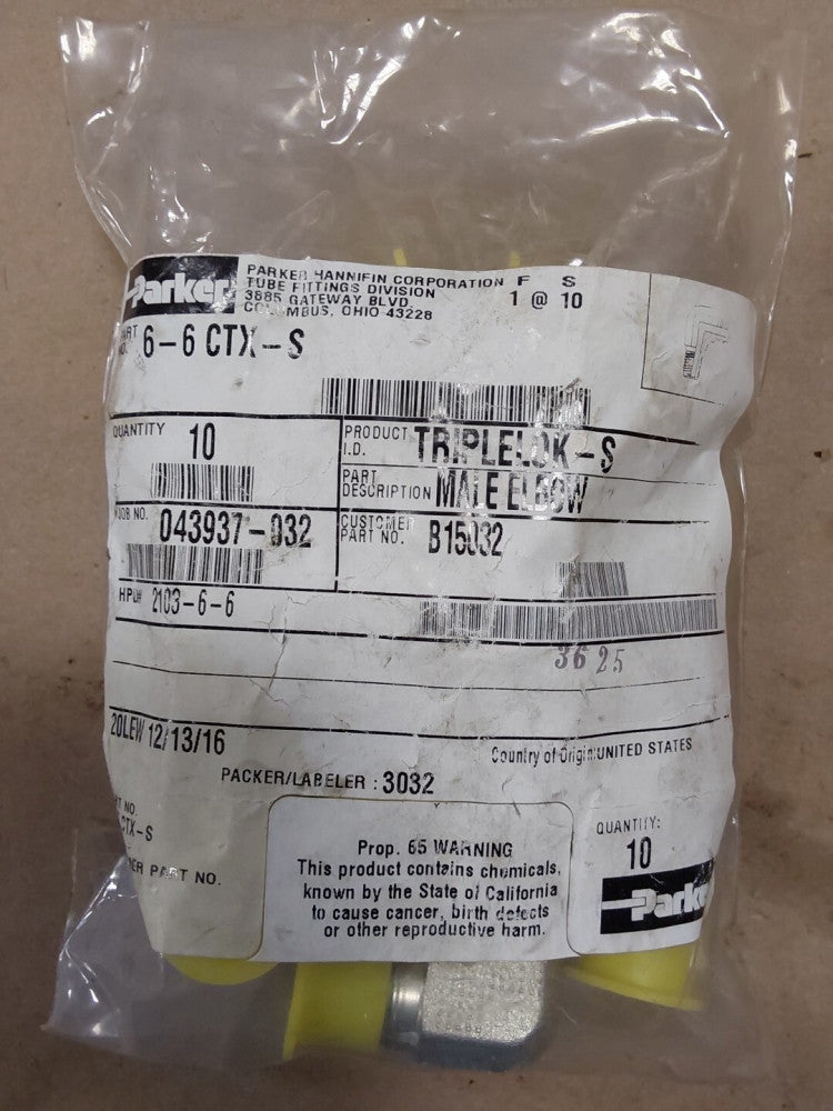 Qty 10 Parker 6-6 CTX-S Triple-Lok 90 Degree 3/8", 37 Flare Male Elbow Fitting