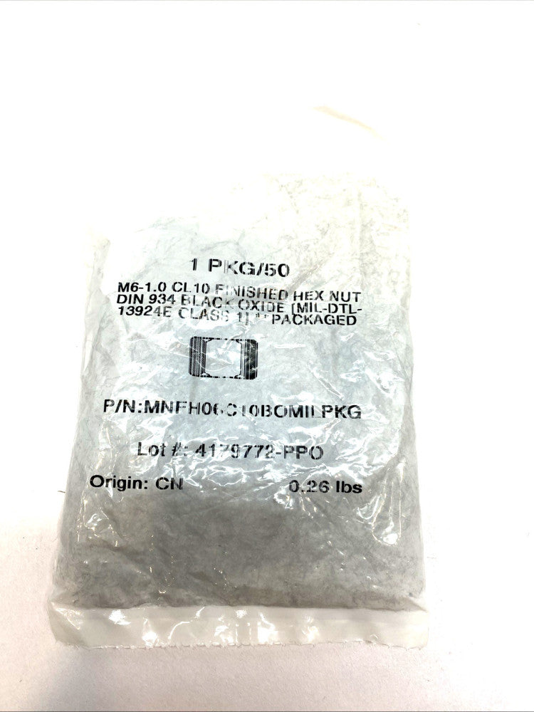 M6‑1.0 Cl 10 Hex Nut, Black Oxide Finish, MNFH06C10BOMILPKG PKG 50