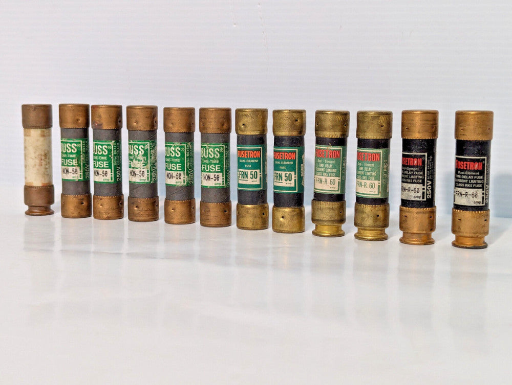 Lot of Assorted Fuses: Buss One-Time NON-50, Fusetron FRN 50, FRN-R 60, More