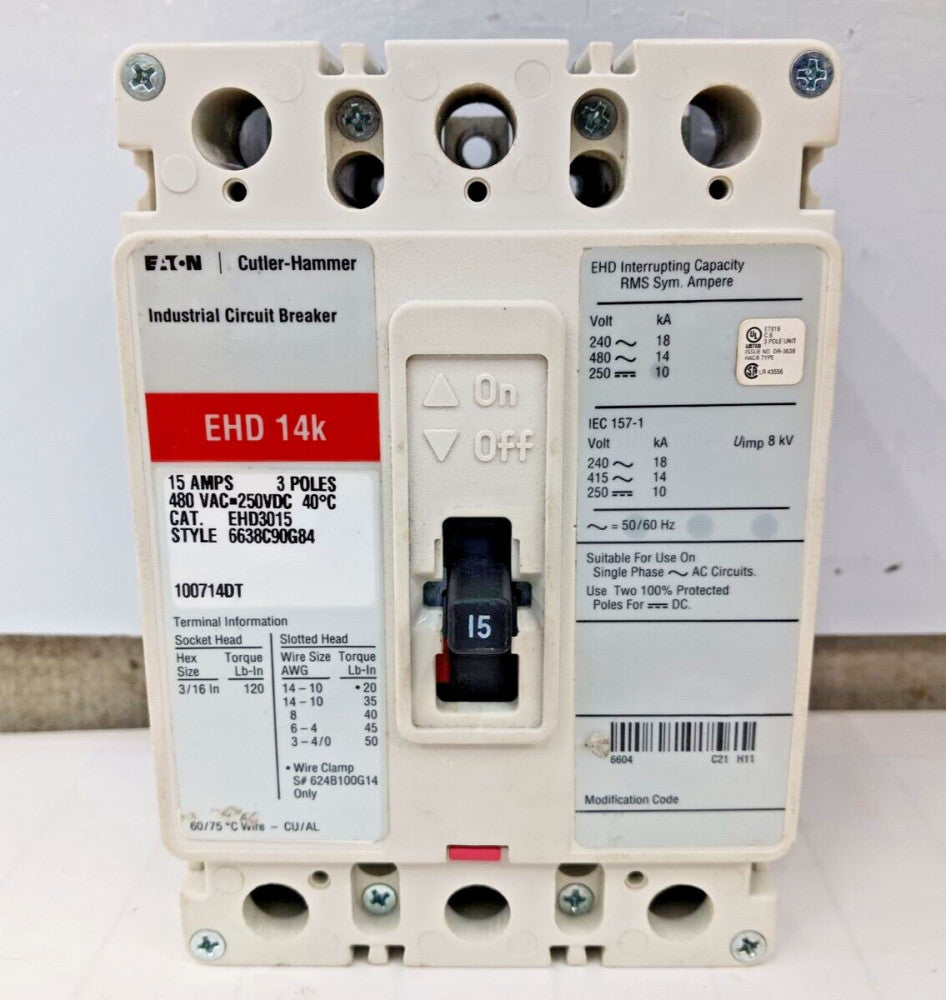 EATON 15 AMP CIRCUIT BREAKER 3 POLE 480 VAC EHD3015