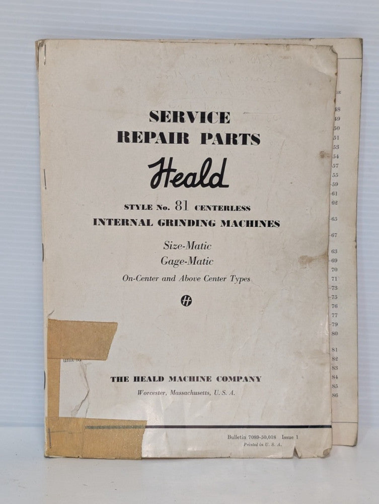 Heald 81 Centerless Internal Grinding Machine Service Repair Parts Manual