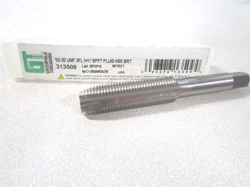 Greenfield )313509) 1/2-20 UNF 3F H11 RH Plug Chamfer Spiral Point Tap