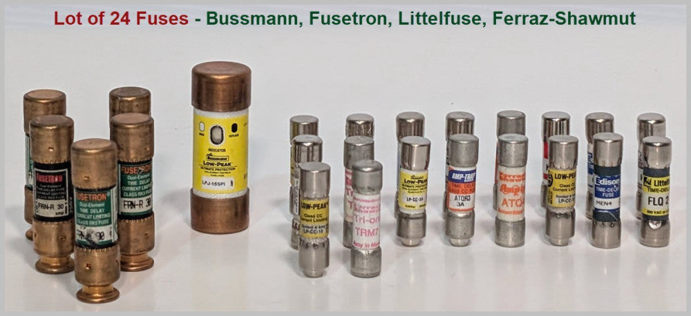 Lot of 24 Assorted Fuses, Varying Part Numbers, Sizes and Manufacturers