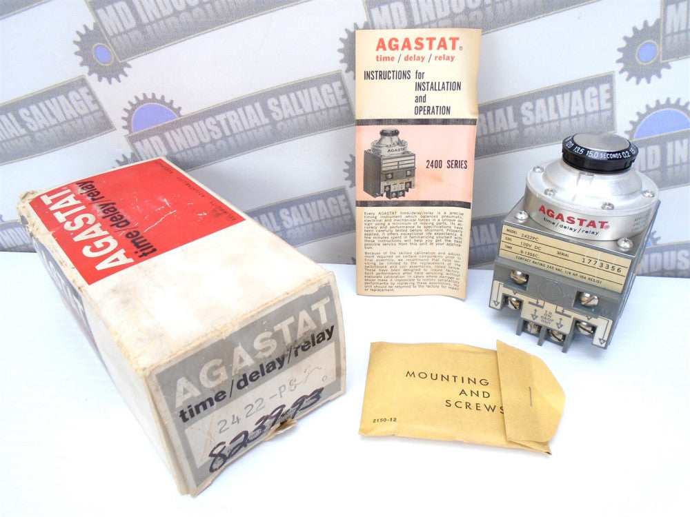AGASTAT - 2422PC TIME DELAY RELAY - 240 VAC 1/4HP - Coil 120 VDC - .8-15 Sec NEW