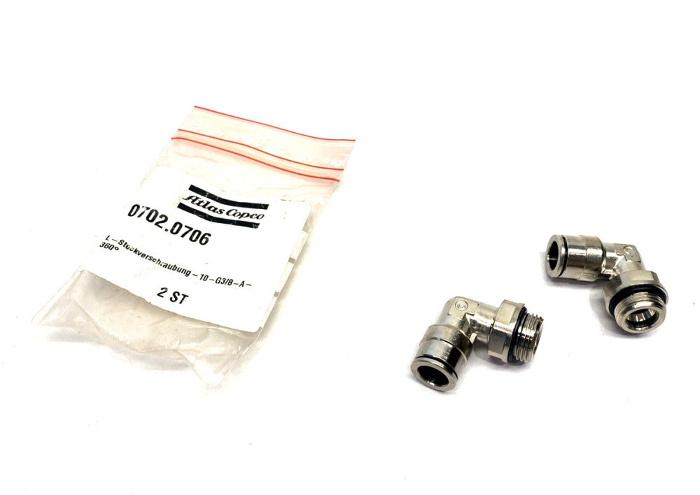 Atlas Copco 0702.0706 Elbow Fitting 10-G3/8-A-360 10mm Tube 702.0706 LOT OF 2