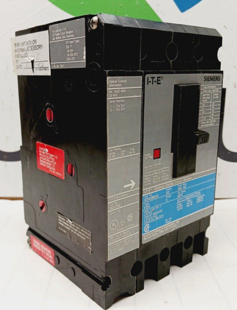 SIEMENS ED43B030 30 AMP BOLT-ON CIRCUIT BREAKER 3P 480 VAC W/SHUNT TRIP S01ED60