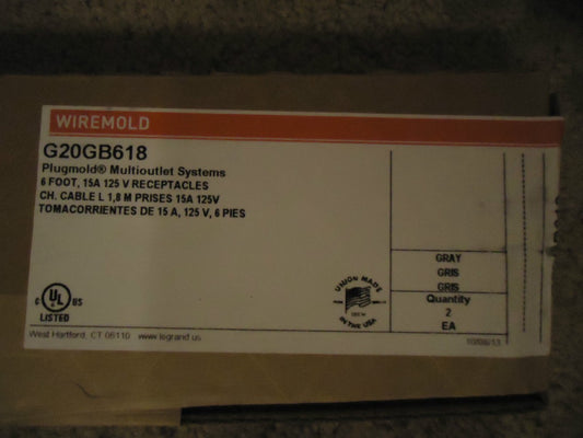 (Box of 2) Wiremold # G20GB618 Plugmold 6ft 15A 125v Receptacles (NEW) 