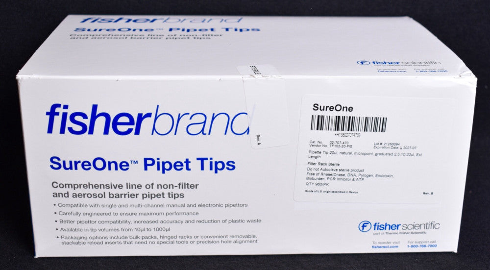 960 Count Fisherbrand SureOne 20µl Pipet Tips 10 Racks 02-707-470 FACTORY SEALED
