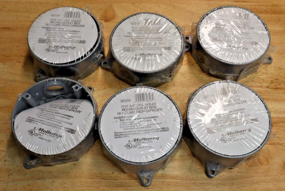 Lot of 6  Mulberry 30326 4'' Round Outlet Box five 3/4”I.P.S. Hole 15.3 Cu In.