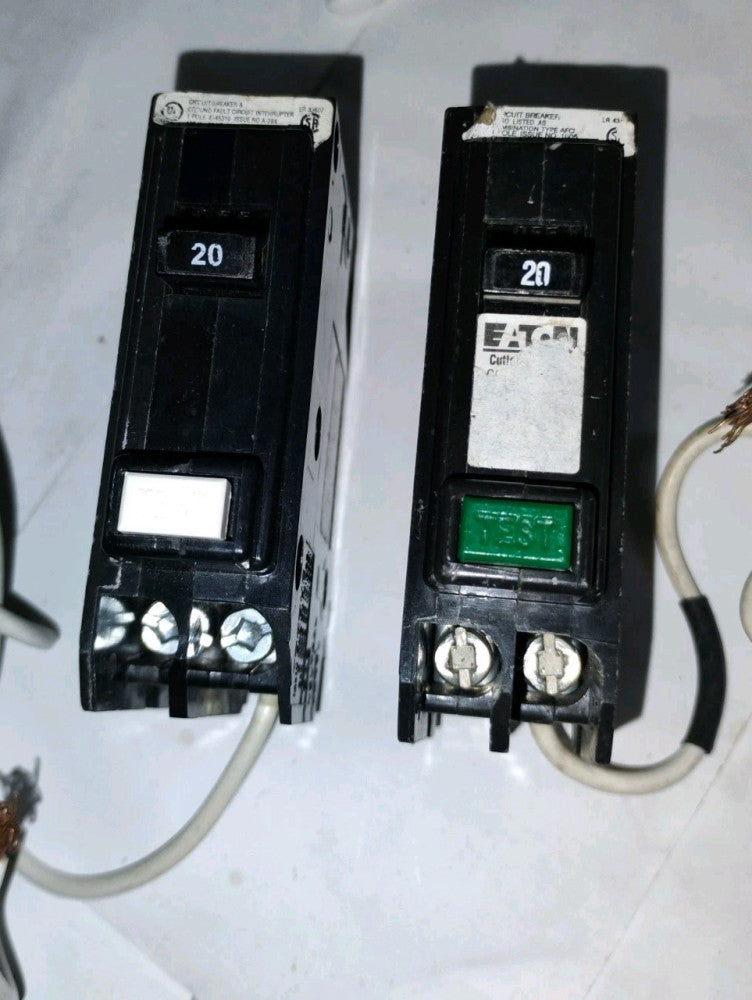 LOT OF 2 EATON CIRCUIT BREAKERS GFTCB120 & BRC120CAFA 1 POLE 20 AMP GFCI & AFCI
