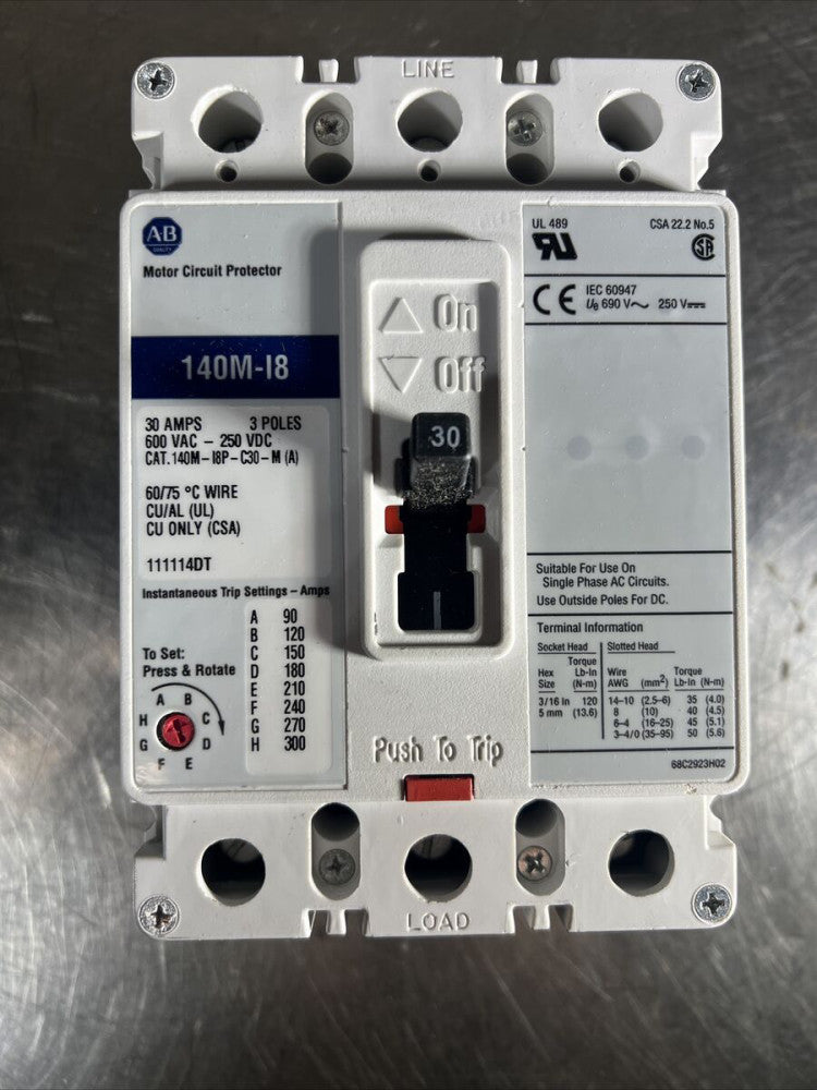 Allen Bradley 140M-I8 Circuit Breaker ~ 3P,  30amps, 600V ~ 140M-I8P-C30-M(A)