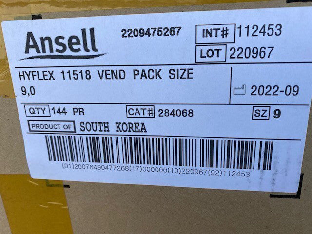 144 PAIR Ansell Gloves 11-518 Ultralight HyFlex Cut Resistant Work Safety Size 9
