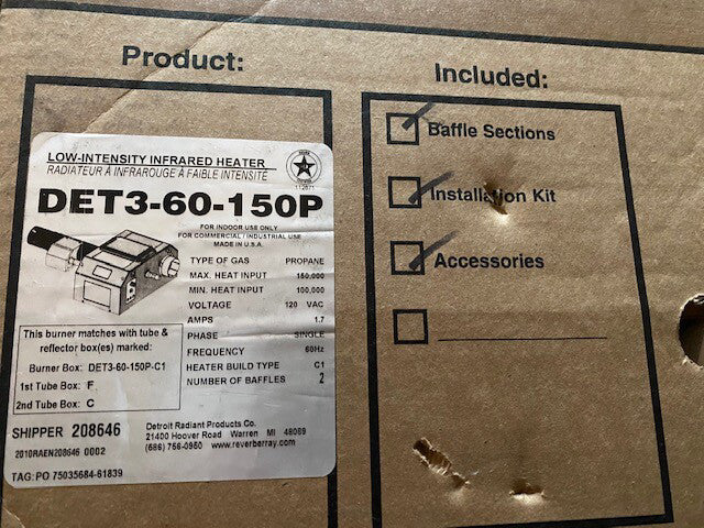RE-VERBER-RAY DET3-60-150P Tube Heater,60 ft. L,LP Gas,150,000 BtuH (NEW)